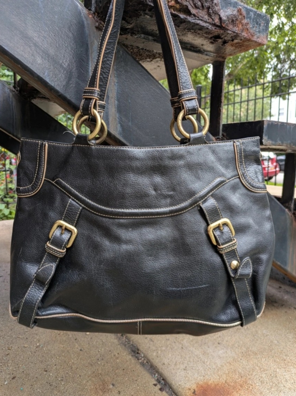 Classic Black Leather Tote Bag with Brass Accents